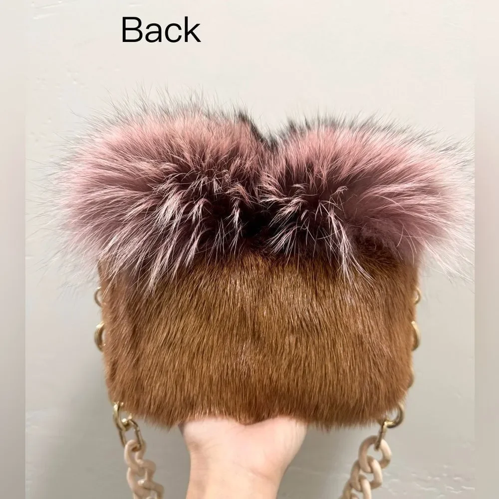 Handmade Real Mink Fur with Finn Raccoon Fur Foldover Flap Bag & 2 Strap Styles